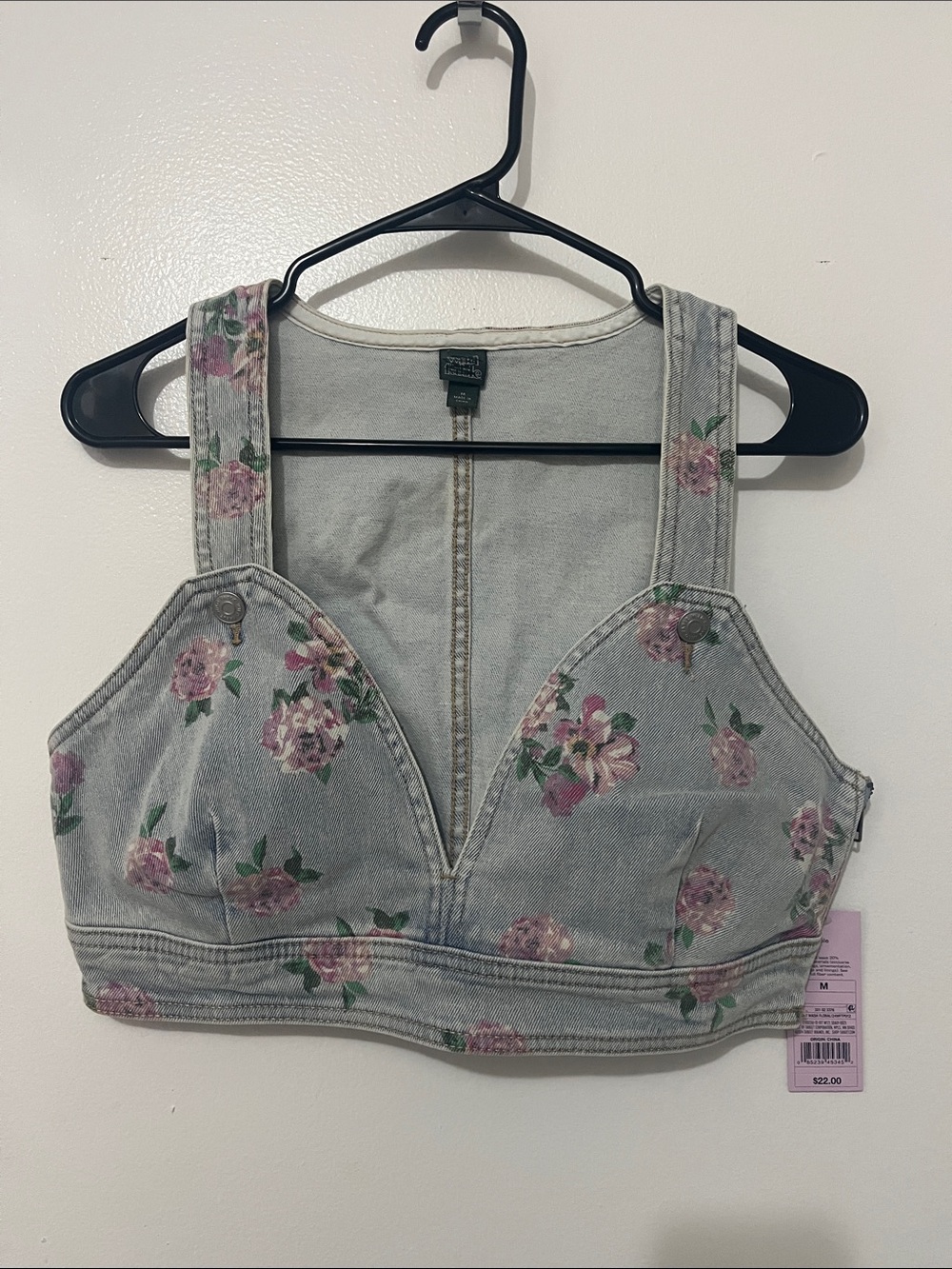 Wild Fable Floral Light Blue Denim Crop Top with Pink Roses